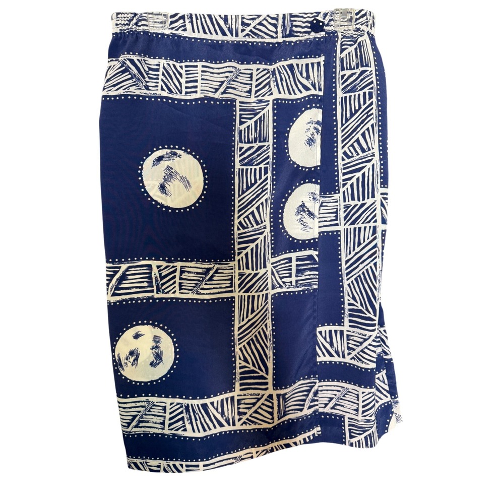 Teddi Vintage Blue White Abstract Tribal Print Midi Skirt Large Made in USA
